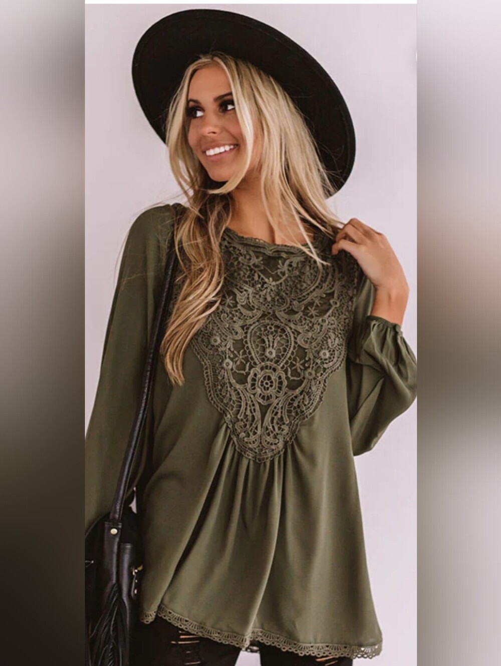 ODDY Olive Lace-Yoke Long Sleeve Blouse Womens Size 1XL